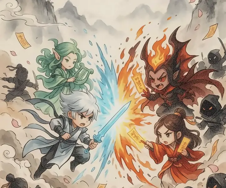Illustration: Kämpfer aus Frost und Flamme prallen im Jianghu aufeinander
